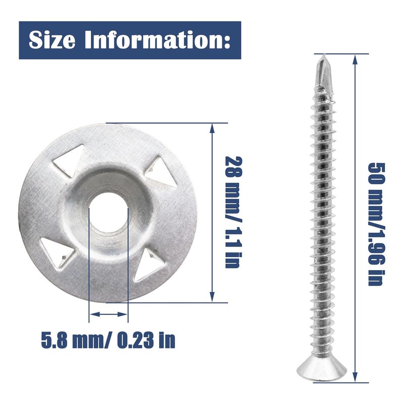 TiciKim 200 Pcs Foam Board Fasteners Kit Washers for Insulation Foam Board Panels 100Pcs 1-1/8 Inch Galvanized Steel Washer and 100Pcs Screws for Fixing Fastening and Supporting Hardware Set for Foam Board - Image 2